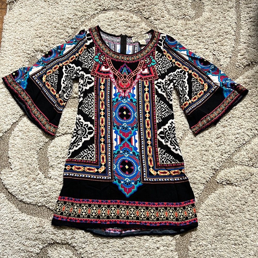 Anthropologie Flying Tomato Small 70’s Style Boho Mini Dress Bell Sleeves